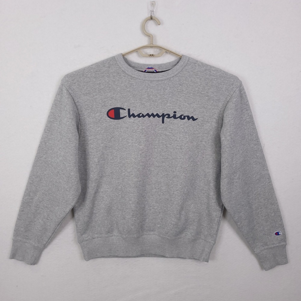 Champion Sweatshirt Mens Medium Gray Script Logo Pullover Fleece Crewneck